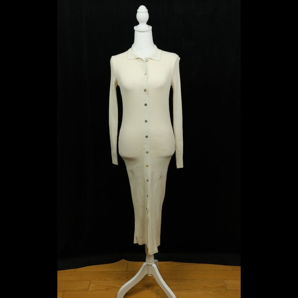 Zara Ribbed Dress With Buttons. White, size S - Picture 3 of 7